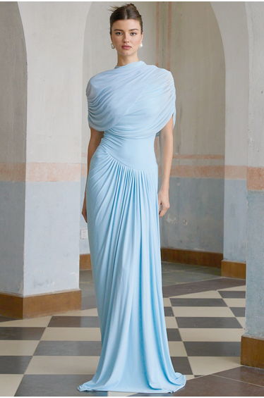Catherine asymmetrical pleated maxi dress in Baby-blue