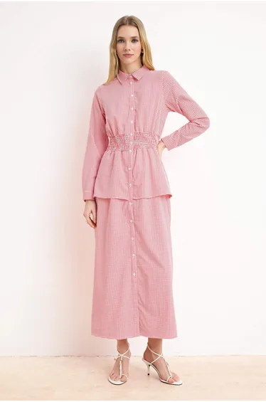 Red Unlined Plaid / Checkered Woven Terrycotton Hijab Dress