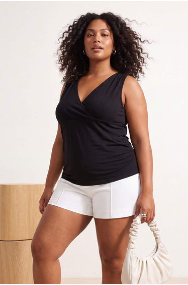 Black Fitted/V-Neck Sleeveless Gathered Soft Knitted Plus Size Blouse