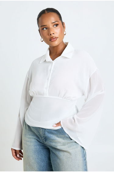 Plus Chiffon Cinch Waist Flared Sleeve Shirt - ivory