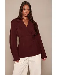 PrettyLittleThing plum wrap detail blazer with notched lapels, long sleeves and fitted tie waist