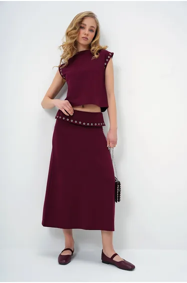 Women's Burgundy Ringed Stand Collar Blouse and Skirt Suit