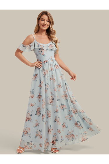 ever AIDA|Cold Shoulder Chiffon Ruffle Sleeve Bridesmaid Dress