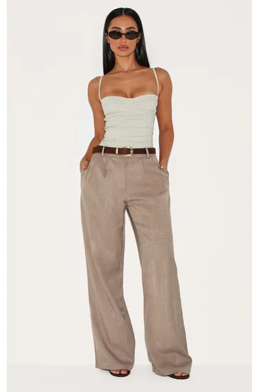 Petite Taupe Wide Leg Tailored Trousers