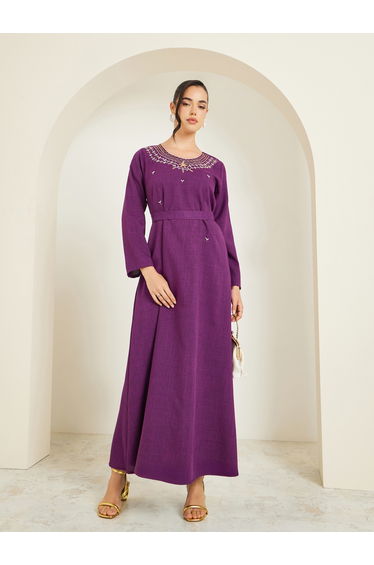 Women Purple Embellished Belted Jalabiya