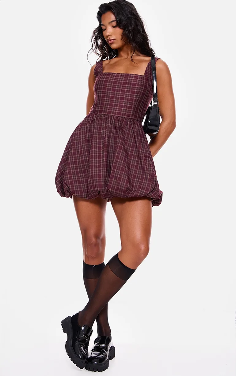 Shop Burgundy Check Puffball Dress Online in Oman Shop Burgundy Check Puffball Dress Online in Oman