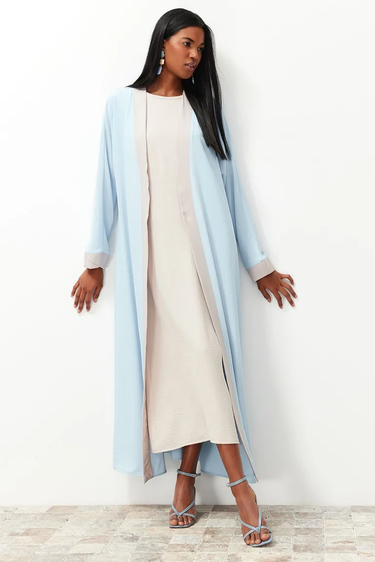 Blue Color Block Long Woven Cap & Abaya & Abaya