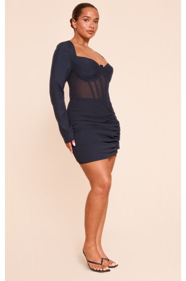 Shape navy Mesh Insert Corseted Ruched Side Mini Dress