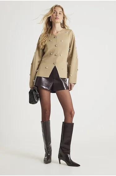 Beige Knitted Studded Cardigan