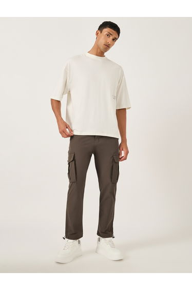Men Brown Solid Cargo Pants with Drawstring Hem