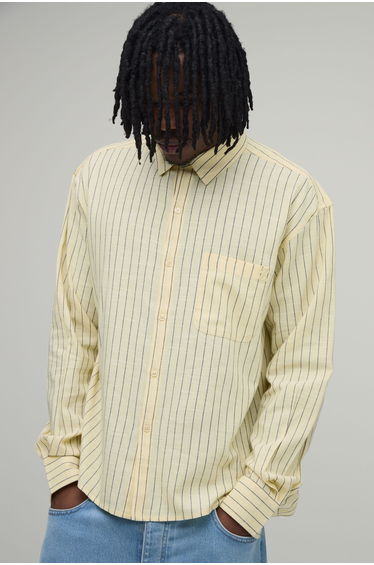 Tall Oversized Boxy Curve Hem B Embroidery Stripe Shirt - yellow