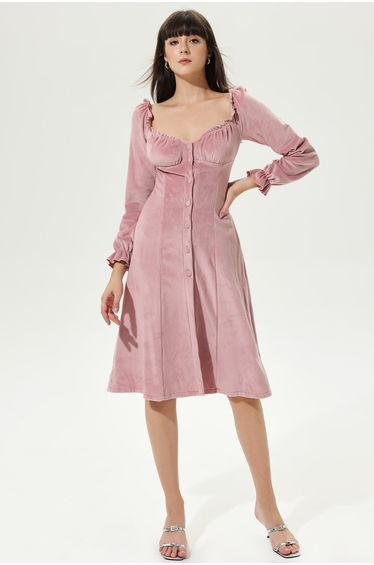 Mira Velvet Sweetheart Neck Midi Dress in Pink