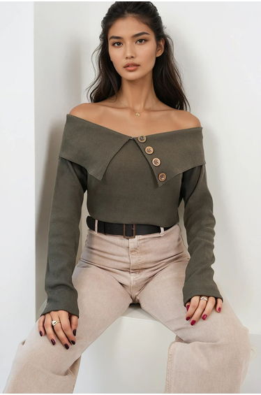 Women's Khaki Madonna Collar Button Accent Piece Knitwear Blouse product thumbnail 2