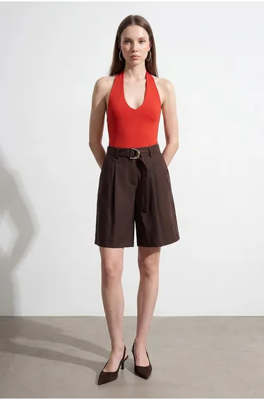 DILVIN Women's High-waist Belted Wide-leg Shorts