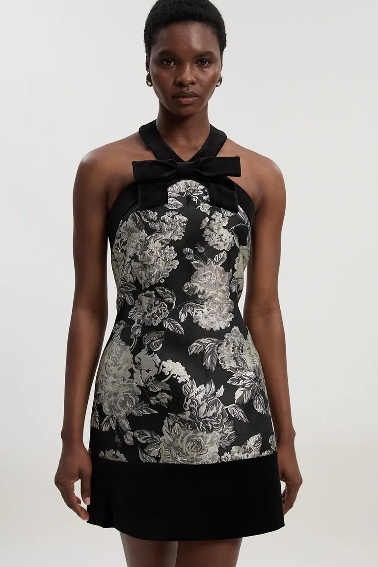 Velvet And Jacquard Contrast Halterneck Tailored Mini Dress - 1