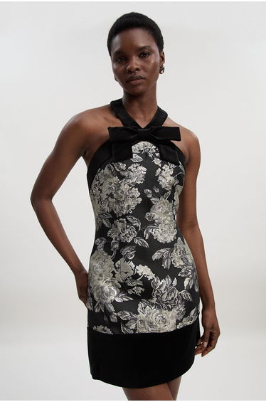 Velvet And Jacquard Contrast Halterneck Tailored Mini Dress