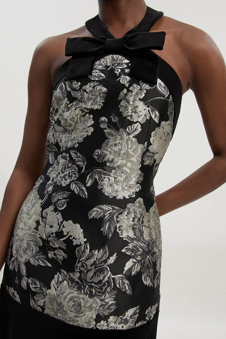 Velvet And Jacquard Contrast Halterneck Tailored Mini Dress - 2