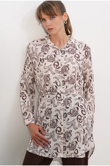 BDART Floral Viscose Crepe Belted Long Shirt