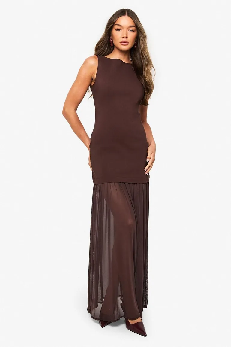 Sheer Hem Sleeveless Maxi Dress - chocolate