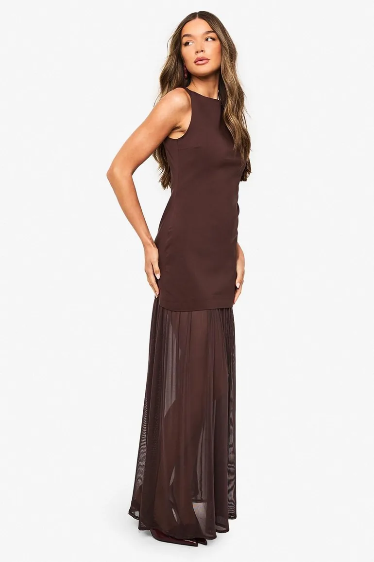 Sheer Hem Sleeveless Maxi Dress - chocolate - 2
