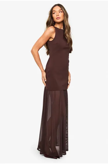 Sheer Hem Sleeveless Maxi Dress - chocolate