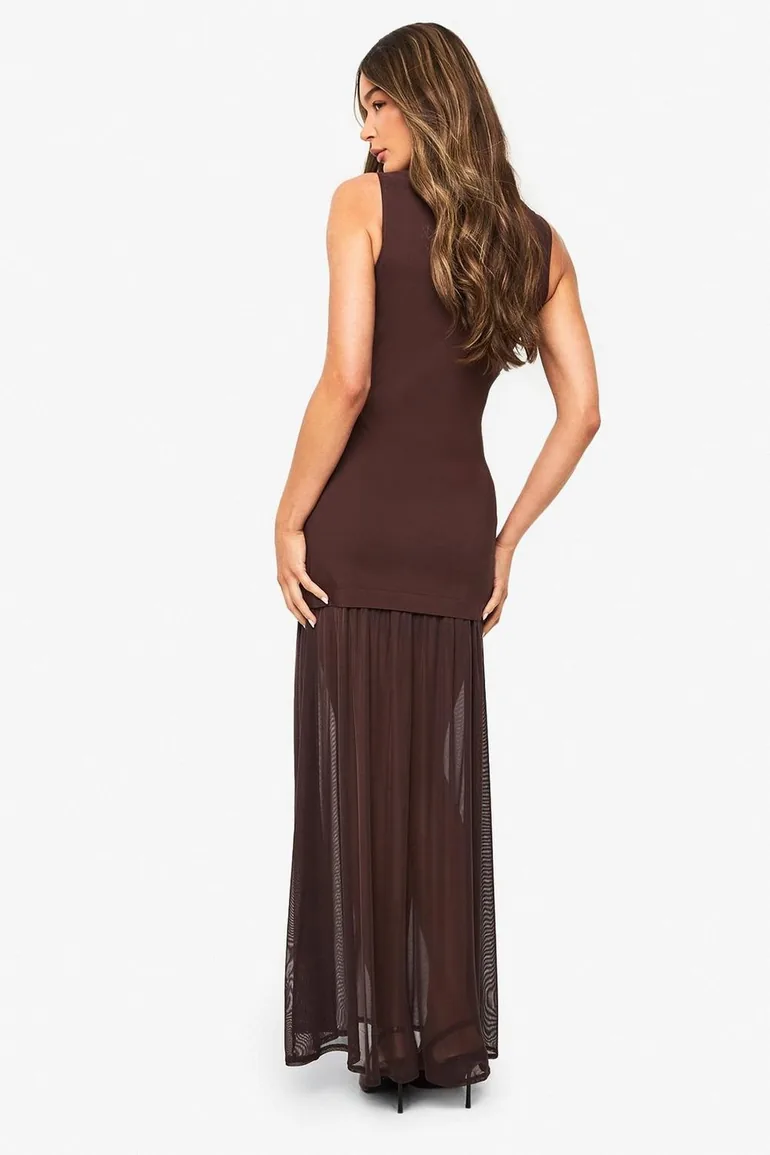 Sheer Hem Sleeveless Maxi Dress - chocolate - 1