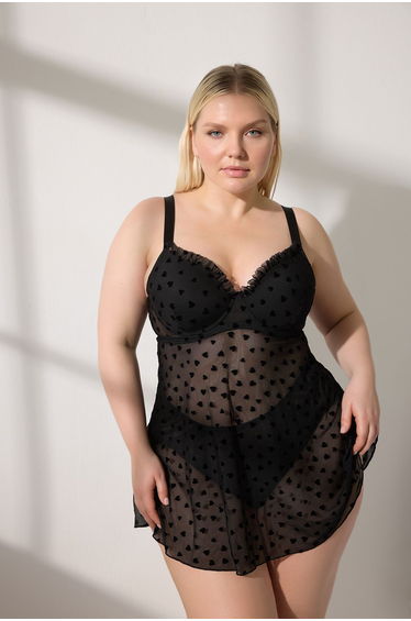 Black Heart Patterned Ruffle Detail Plus Size Babydoll