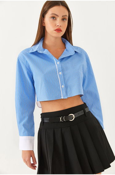 Women's Asymmetric Striped Cuff Detail Crop Shirt