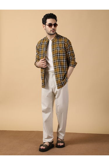 Men Checked Stand Collar Casual Shirt