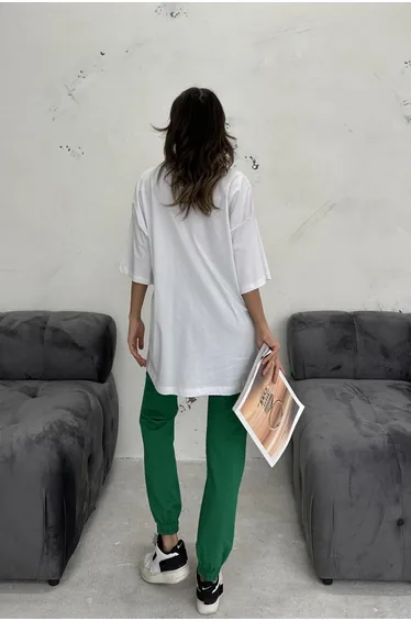 White and Green Printed Lycra Oversize Two-Piece Set