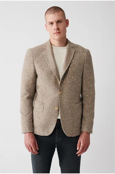 Men's Beige Wool Blended Unlined Double Slit Blazer