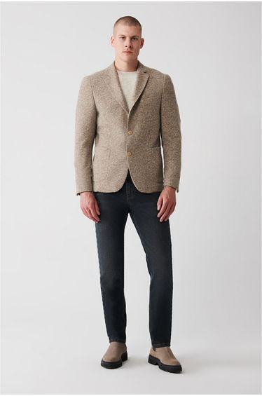 Men's Beige Wool Blended Unlined Double Slit Blazer