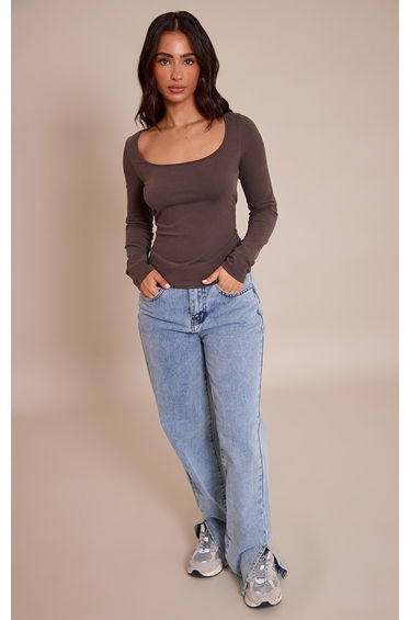 Petite Dark Chocolate Soft Cotton Scoop Neck Long Sleeve Top