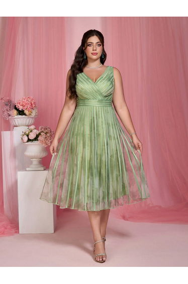 Leely Plus Women's Elegant V Neck Sleeveless A-Line Midi Dress