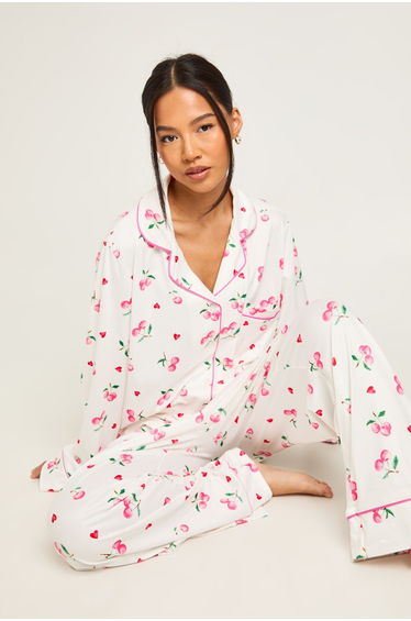 Petite Cherry Print Long Sleeve Shirt & Trouser 3 Piece Pyjama Set - white