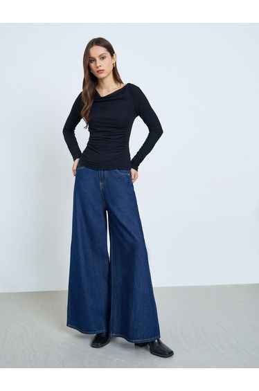 Black Draped Neck Ribbed Top