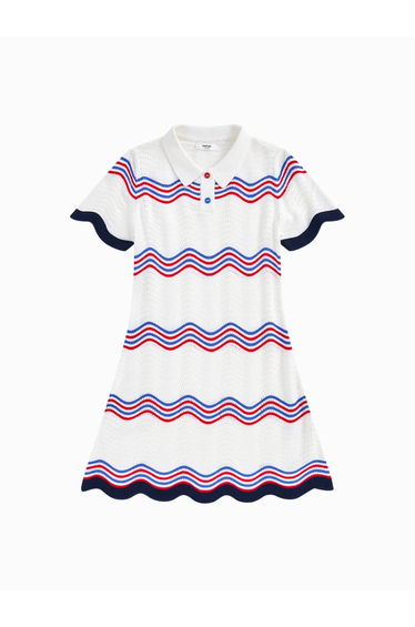 Girls' Short Sleeve Knitted Dress - Textured Fabric With Colored Line Details And Front Neck Buttons