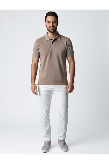 Men Beige Textured Short Sleeve Polo