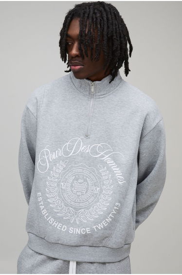 Oversized Boxy Collegiate Varsity Funnel Neck Quarter Zip Sweatshirt - grey marl