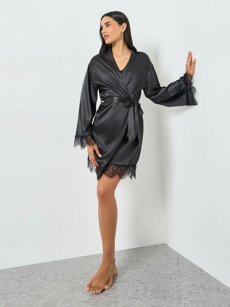 Black Lace Trim Robe and Slip Dress Set - 2