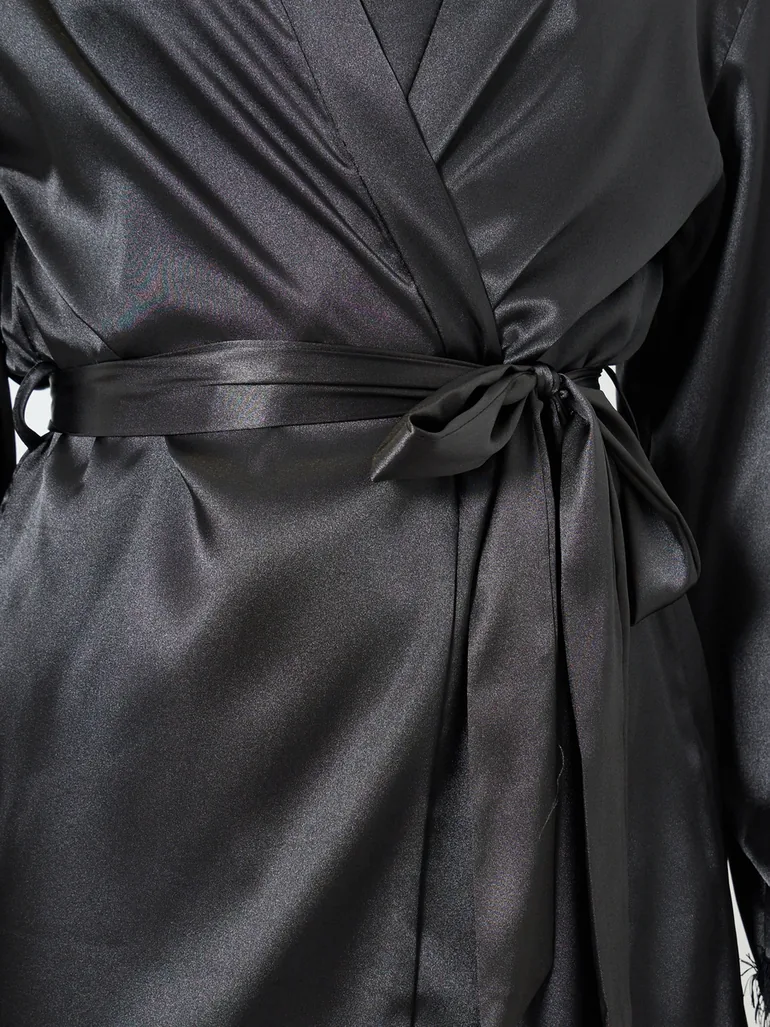 Black Lace Trim Robe and Slip Dress Set - 5