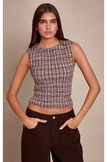 Brown Check Shirred Vest