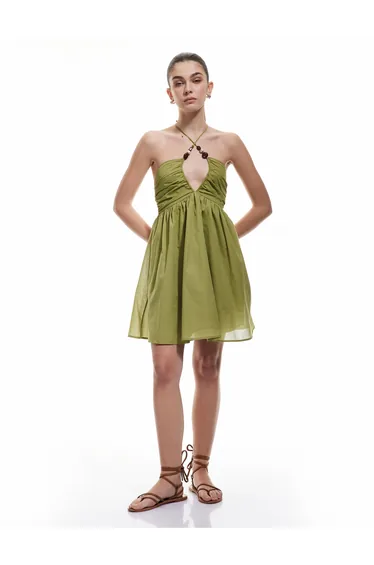 Cotton Beaded Detail Strappy Halter Neck Mini Beach Dress