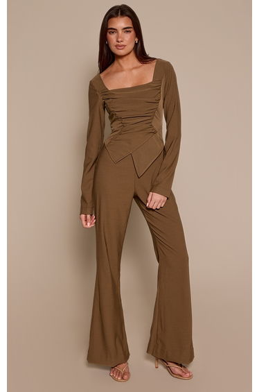 Khaki Long Sleeve Square Neck Ruched Jumpsuit