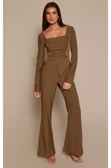 Khaki Long Sleeve Square Neck Ruched Jumpsuit