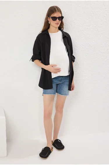 Blue Side Elastic Maternity Denim Shorts