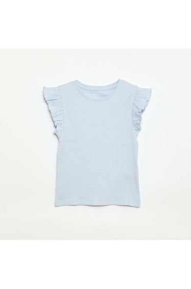 Ruffle-sleeved ribbed T-shirt BLUE