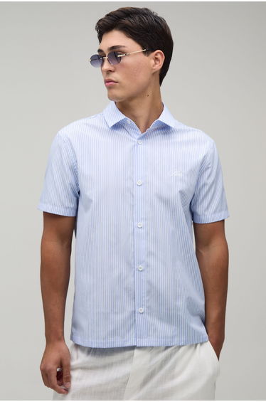 Boxy Crop Stripe Back Fruit Print Half Sleeve Shirt - blue