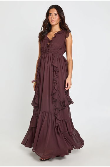 Chiffon Ruffle Detail Floaty Maxi Dress - chocolate