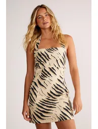 Tiger Print Halter Neck Denim Mini Dress - 1